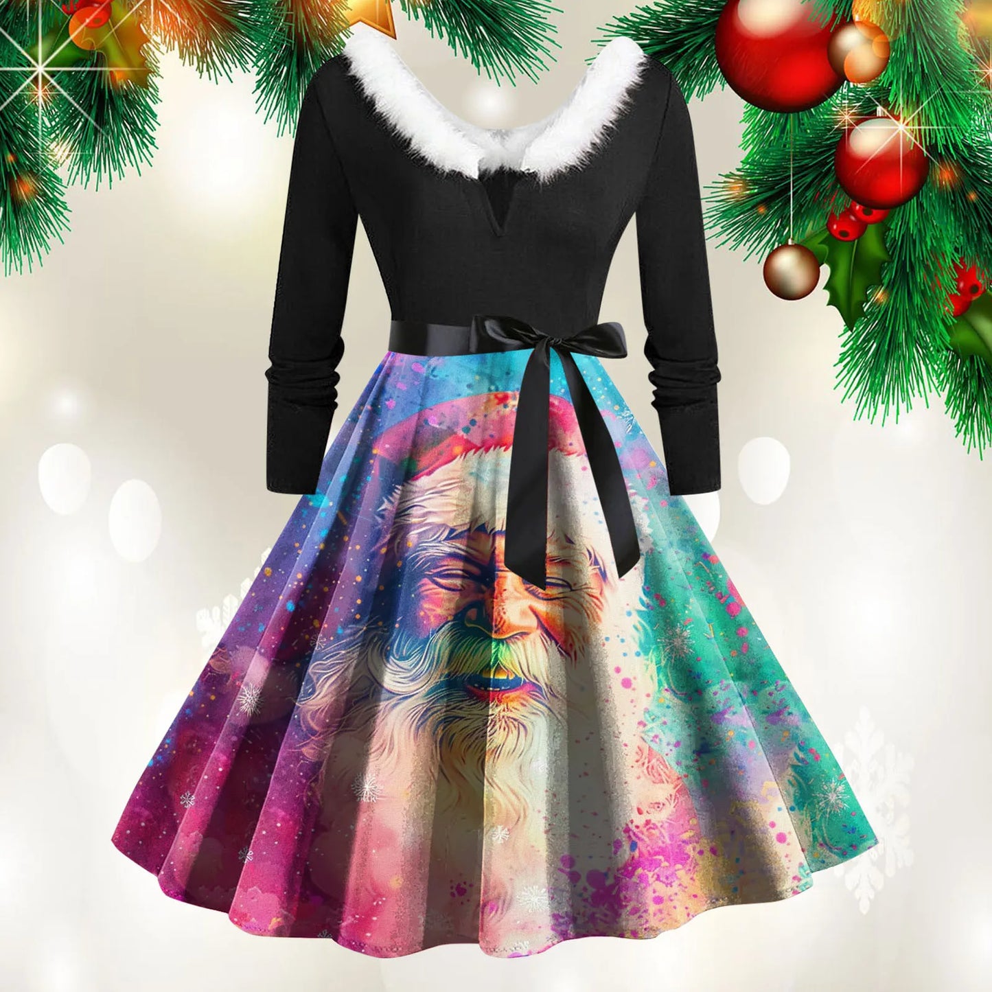 Christmas Print Vintage Dress Women Swing Robe Pinup Fur Collar Long Sleeve Party Dresses Autumn Winter A-Line Robes Vestido