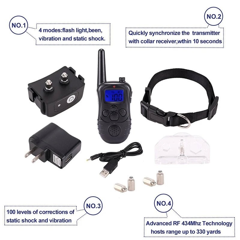 New 300M Remote Electronic Dog Training Collars With LCD Blue Screen Display Rechargeable 100 Levels Pet Electronic Dog Collars