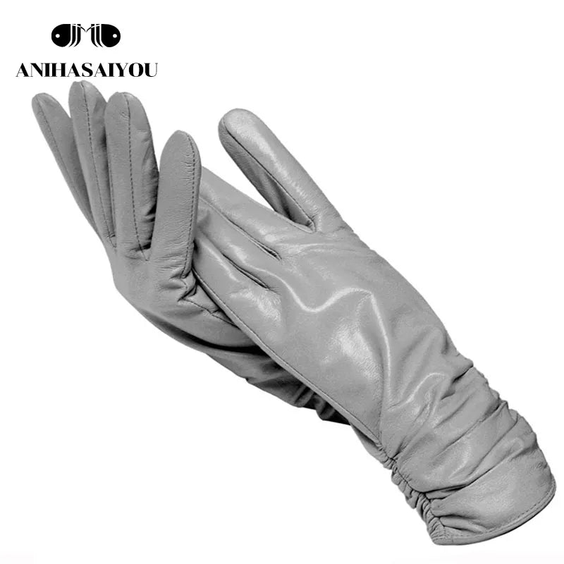 Classic Pleated Leather Gloves Women Color Real Leather Gloves Women Sheepskin Genuine Leather Winter Gloves Women-2081