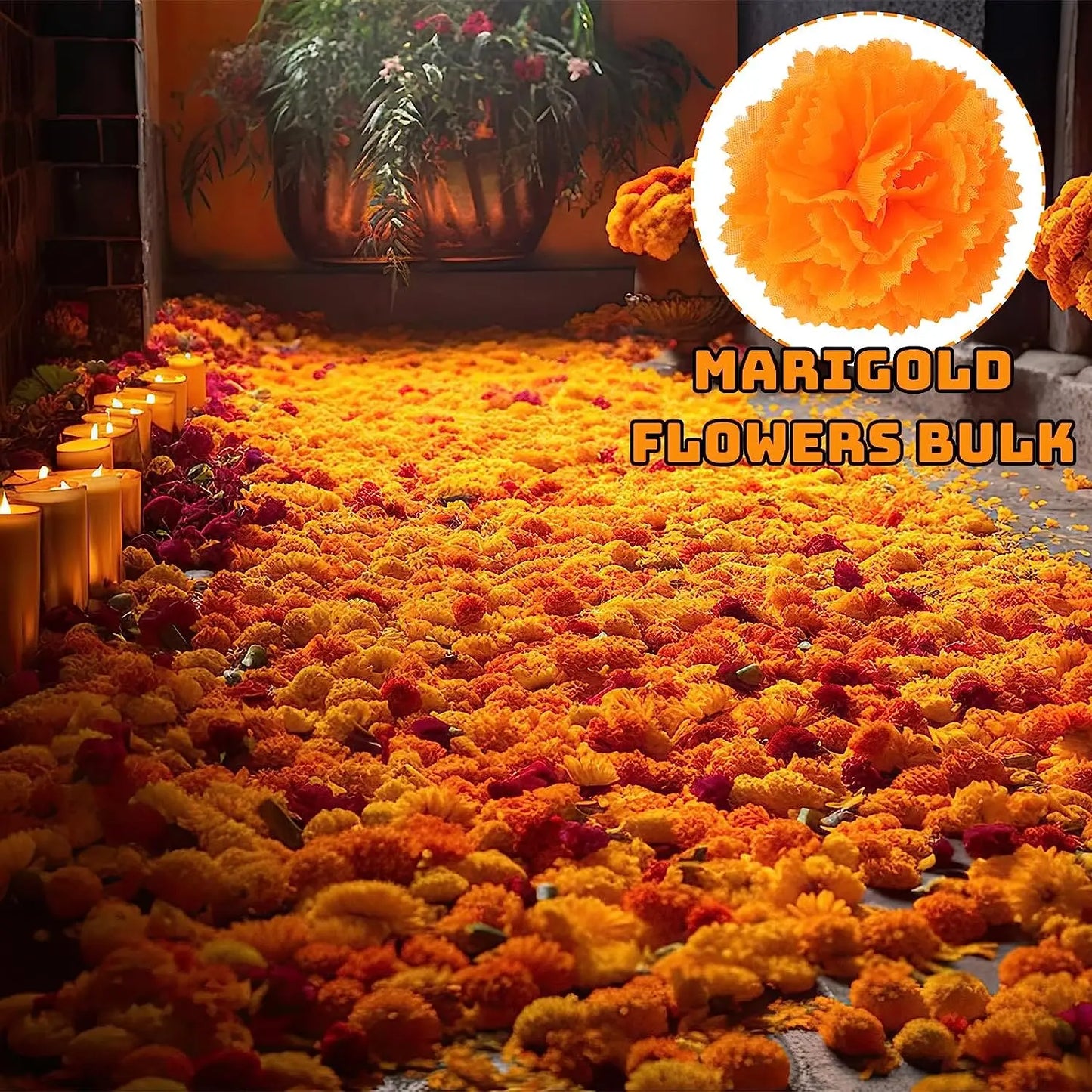 Yannew 50pcs Artificial Marigold Flower Head Yellow Bulk Day of the Dead Decoration for DIY Wreath Halloween Diwali Indian Decor