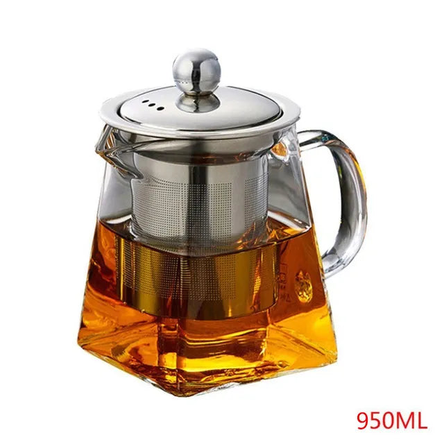 New Heat Resistant Glass Teapot With Stainless Steel Infuser Heated Container Tea Pot Good Clear Kettle Square Filter Baskets