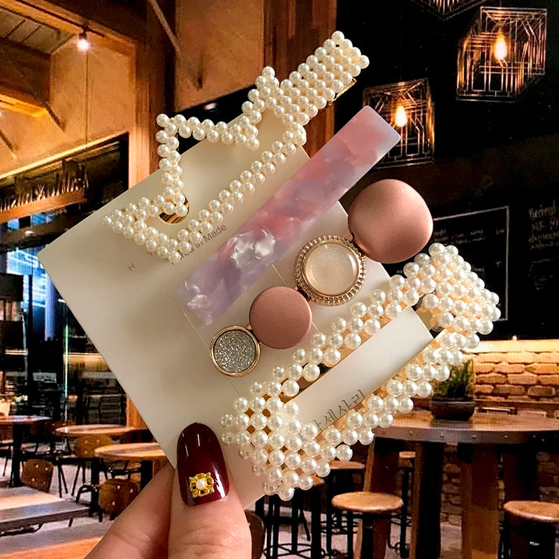 Acrylic Barrettes Headwear Pearl Hair Clip Sets for Women Fashion Geometric Hairpins Hair Accessories Headdress Girl Bobby Clip
