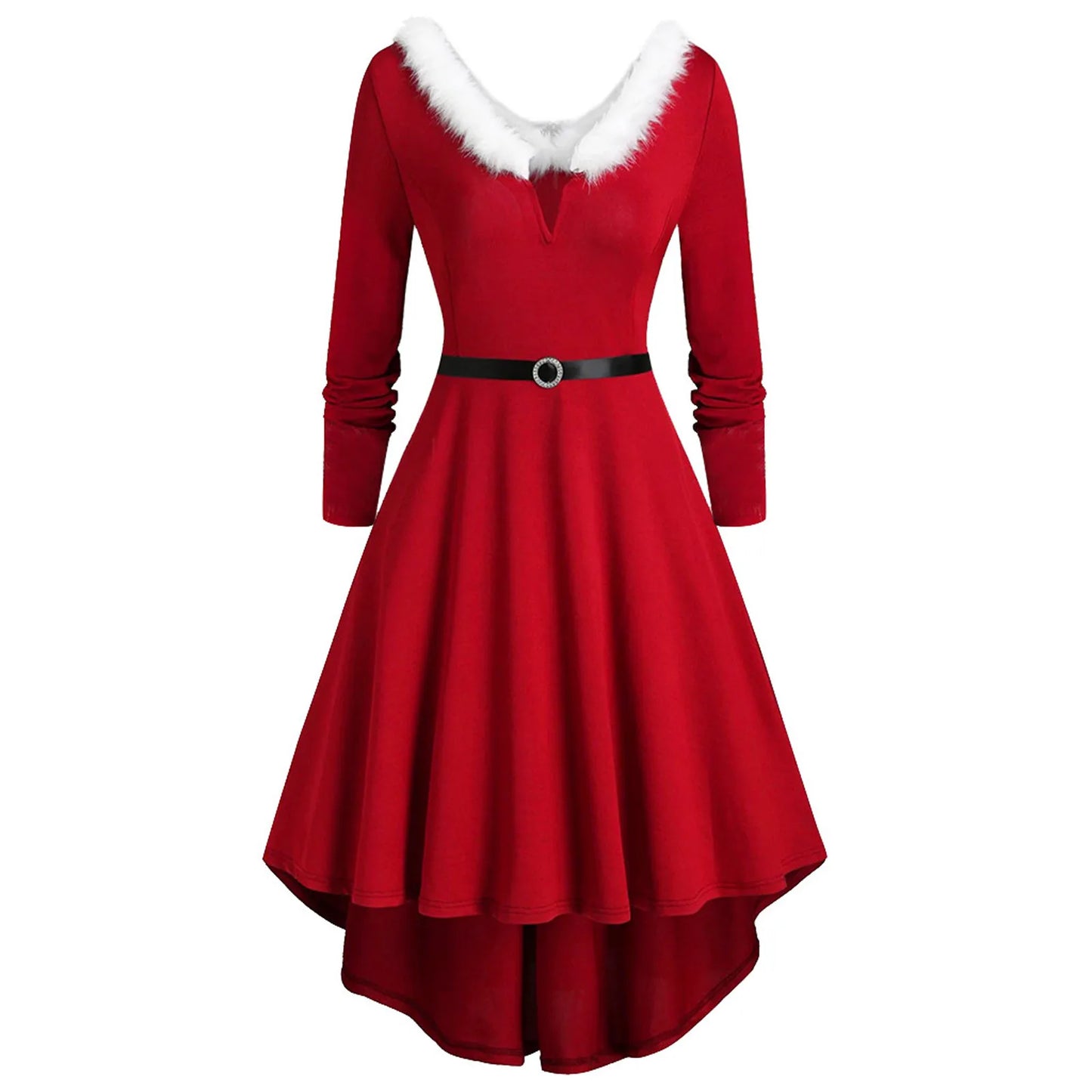 Women's New Christmas Party Dress Cute Sexy Faux-Plush Neck Panel Long Sleeve v Collar Asymmetrical Lace-Up Elegant Dresses