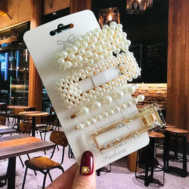 Acrylic Barrettes Headwear Pearl Hair Clip Sets for Women Fashion Geometric Hairpins Hair Accessories Headdress Girl Bobby Clip