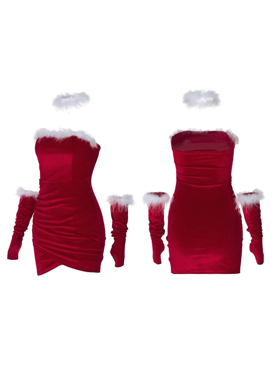 Women Christmas Red Lingerie Plush Patchwork Strapless Tube Dress Christmas Party Cosplay Costume With Arm Sleeve and Choker