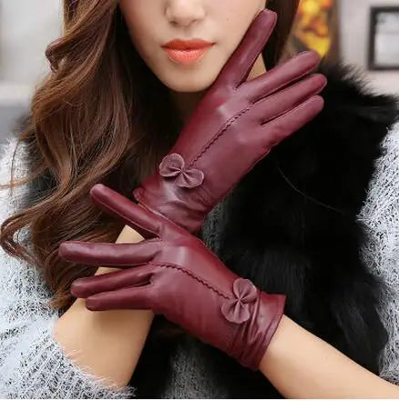 2020 Women's Genuine Leather Gloves Red Sheepskin Gloves Autumn and Winter Fashion Female Windproof Gloves