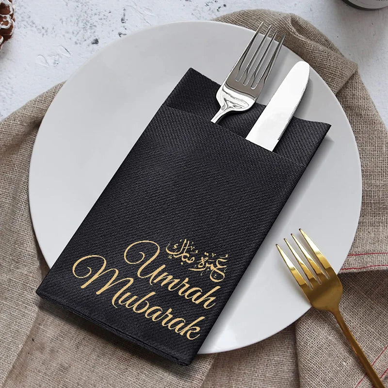 5pcs Black Arabic Umrah Mubarak Paper Napkins Cutlery Holders Muslim Islamic Ramadan Kareem Eid Dinner Table Decoration Gift