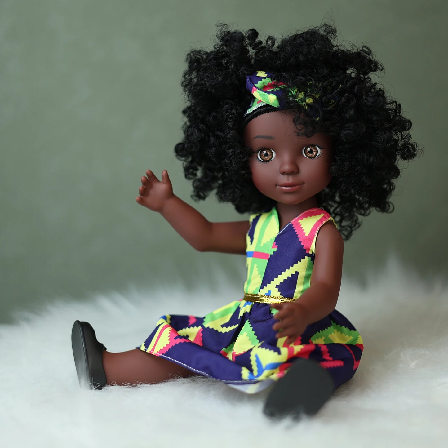 One Piece 14 Inch American African Black Doll With Curly Hair - Perfect Gift for Girls on Birthday - Full Set Included