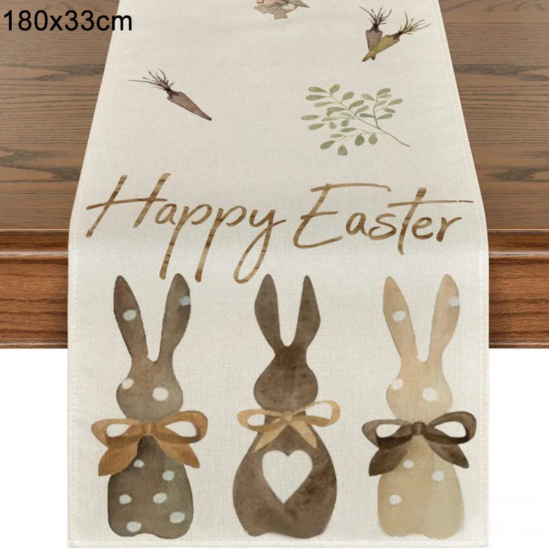 Linen Easter Table Runner Cute Bunny Dining Table Cloth 2024 Spring Holiday Happy Easter Decoration for Home Party Supplies Gift