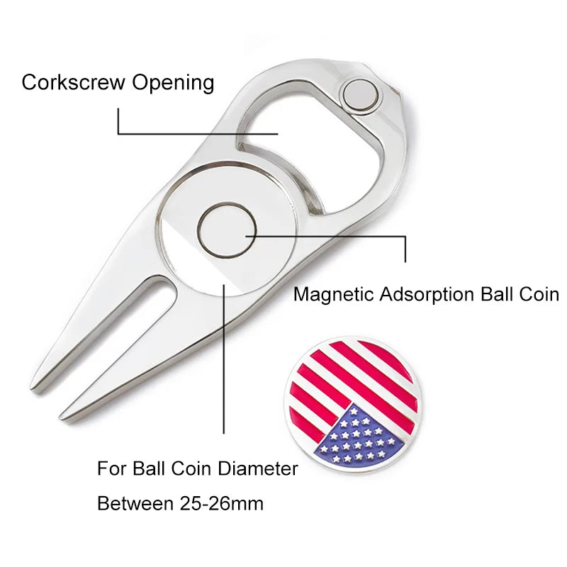 Golf Pitchfork Repair Tool, Pitch Groove Cleaner, Stainless Magnetic Ball Marker, Bottle Opener, Golf Accessories, 1Pc
