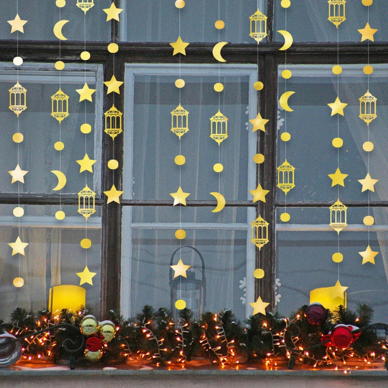 4M Ramadan Decoration 2024 Gold Moon Star Lamp Hanging Garland Ornament EID Mubarak Muslim Mubarak Party Supplies Eid Al-Fitr