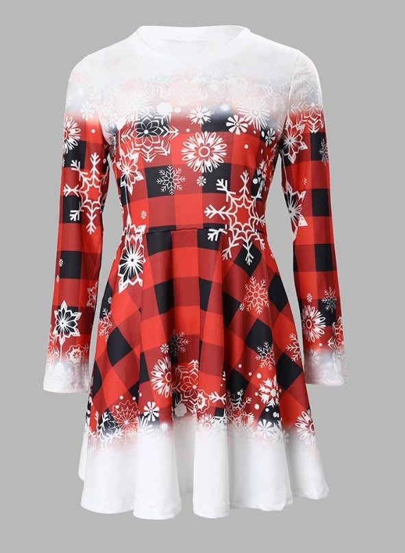 Womens Dresses 2023 Spring Fashion Christmas Snowflake Plaid Print Casual O-Neck Long Sleeve Mini a Line Christmas Dress