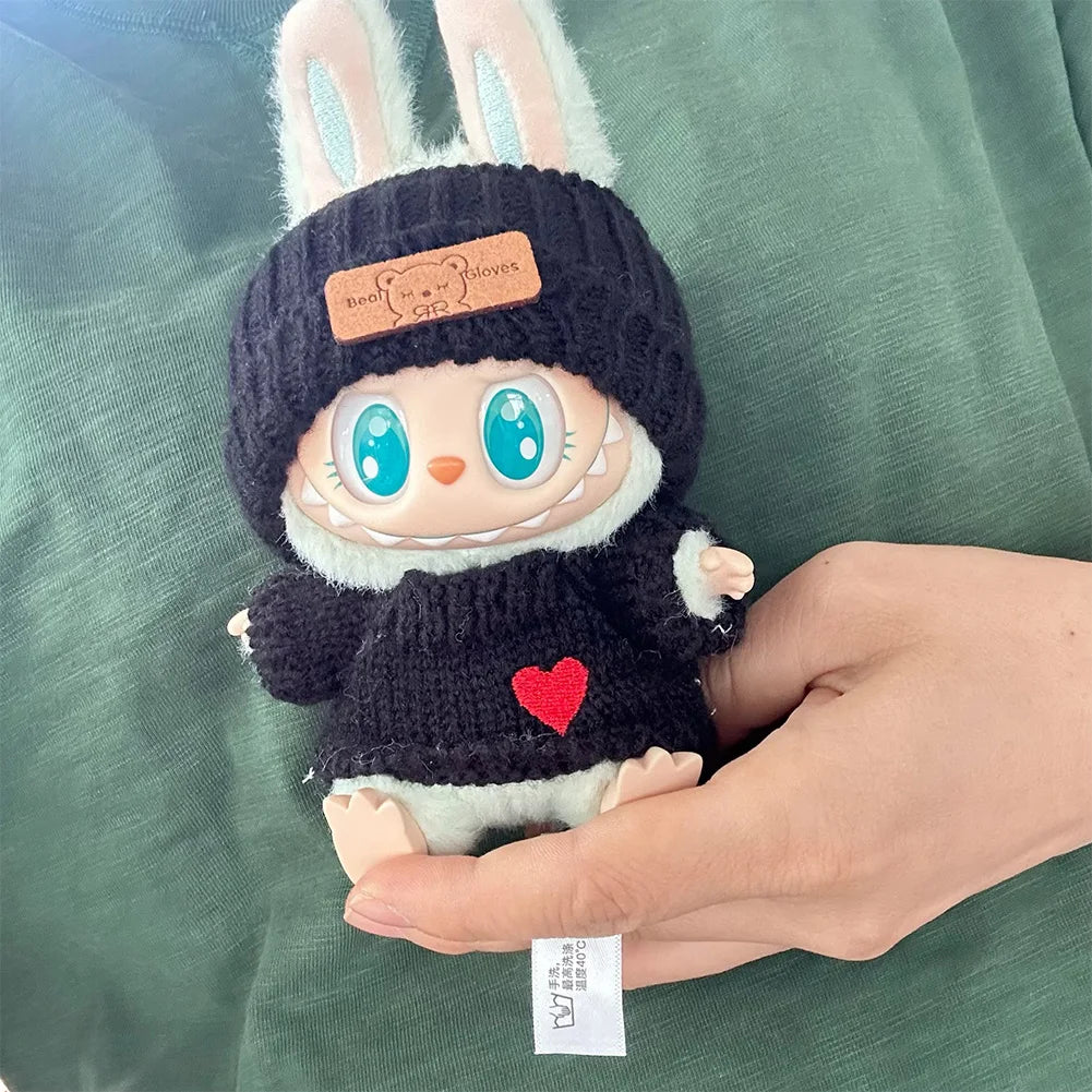Cute Labubu Bunny Doll Accessories With Knitted Clothes Rabbit Ears Hat Heart Sweater for Toy Collectors Labubu Clothes