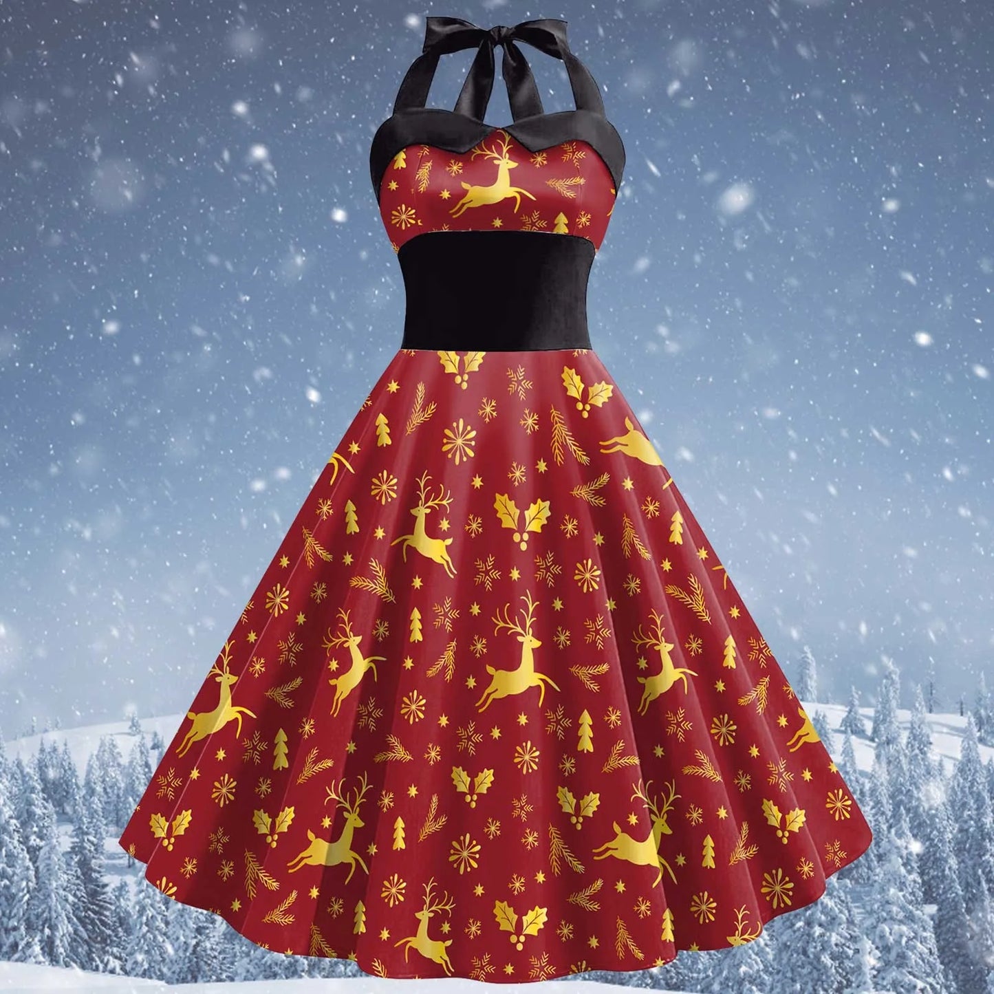 Red Christmas Snowflake Elk Print Halter Dresses for Women Sexy Backless Cocktail Party Dress 50s 60s Pin Up Rockabilly Dress