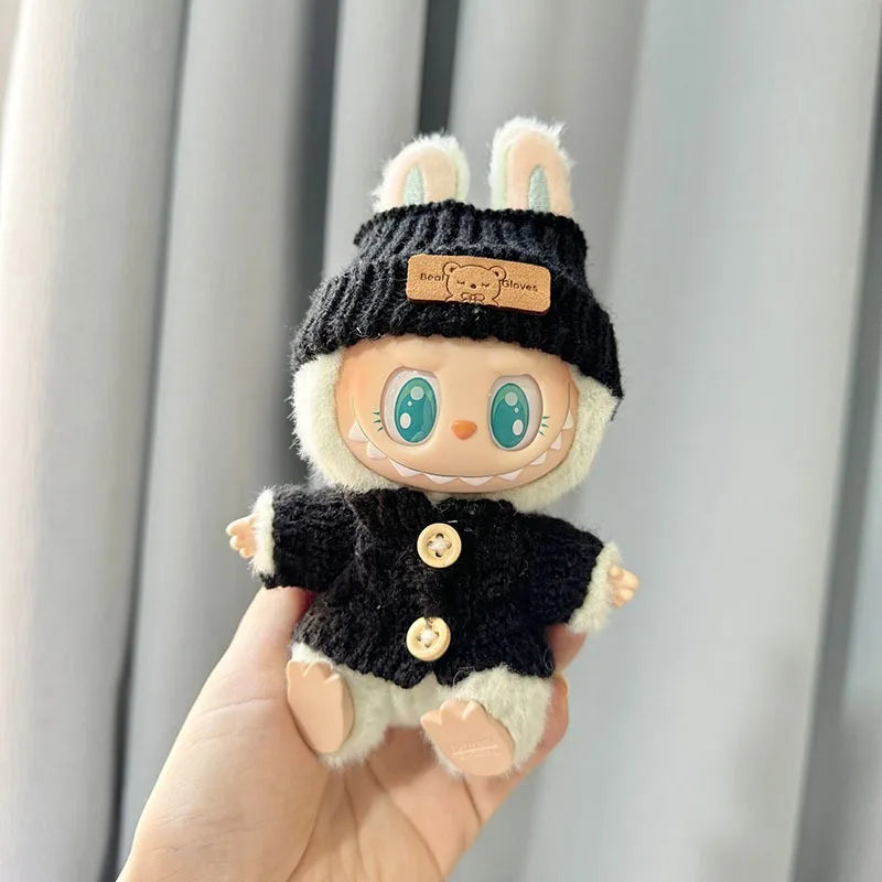 Cute Labubu Bunny Doll Accessories With Knitted Clothes Rabbit Ears Hat Heart Sweater for Toy Collectors Labubu Clothes