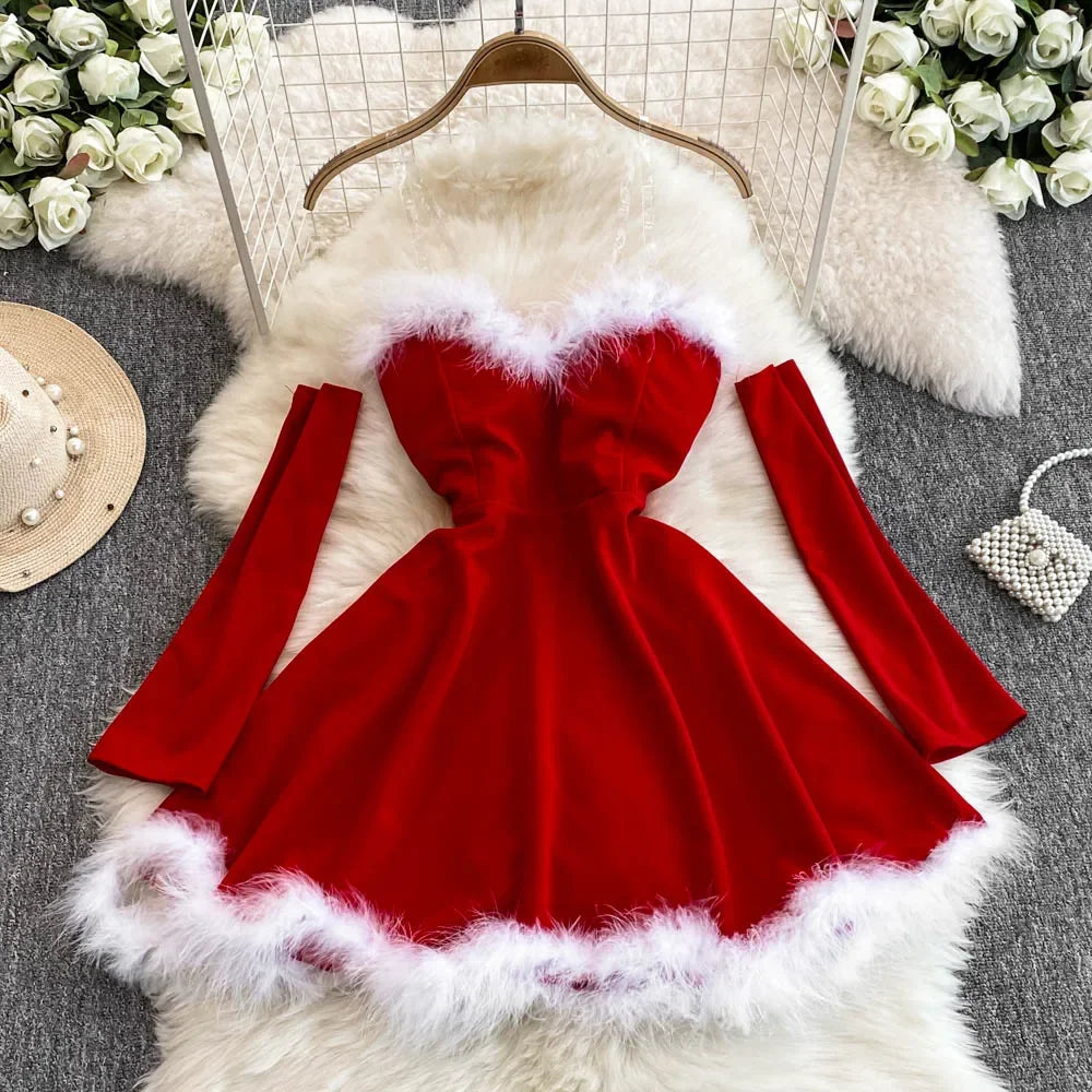 Foamlina Women's Christmas Dress Sexy Low-Cut Waist Thin Big Pendulum Fluffy Splicing Suspender Tube Ling Dress Red