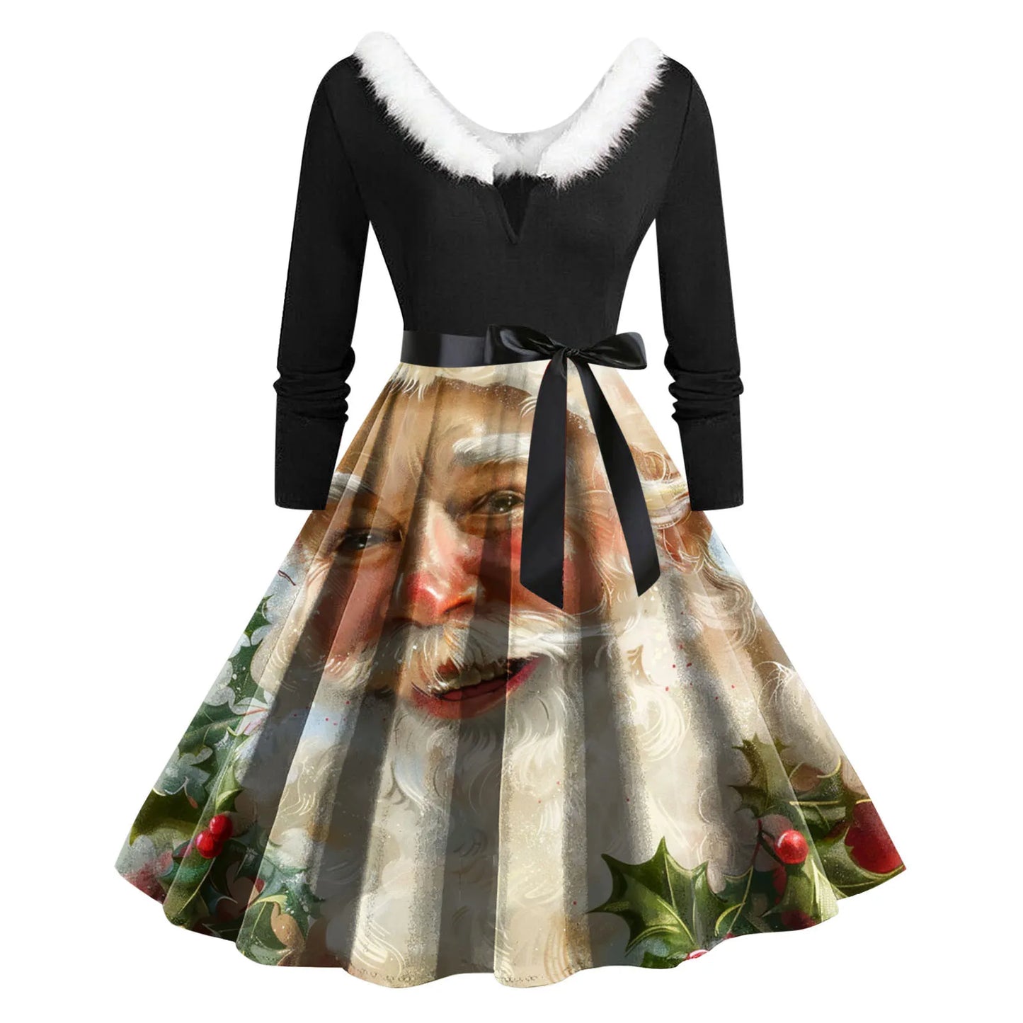 Christmas Print Vintage Dress Women Swing Robe Pinup Fur Collar Long Sleeve Party Dresses Autumn Winter A-Line Robes Vestido