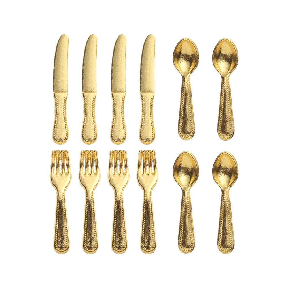 12PCS Gold Silver 1:12 Scale Simulation Toy Dollhouse Furniture Mini Cutlery Doll Accessory Fork Knife Spoon Miniature Cookware