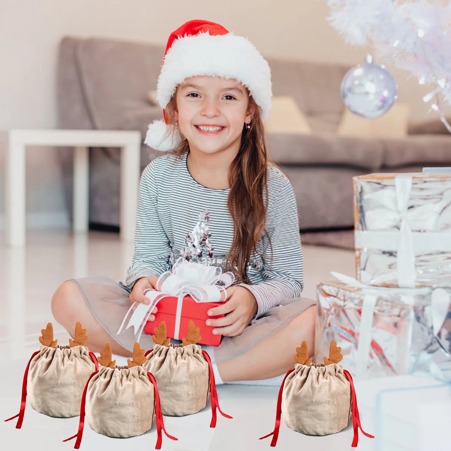 5/10Pcs Christmas Reindeer Candy Gift Bag Velvet Santa Sacks Drawstring Gift Bags Christmas Decoration Kids New Year Party Gift