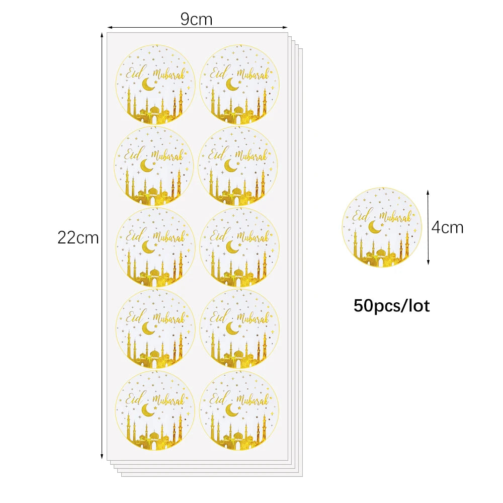 50pcs Ramadan Stickers Eid Mubarak Gift Paper Lable Seal Stickers Ramadan Kareem Decoration 2024 Islamic Muslim Party Supplies