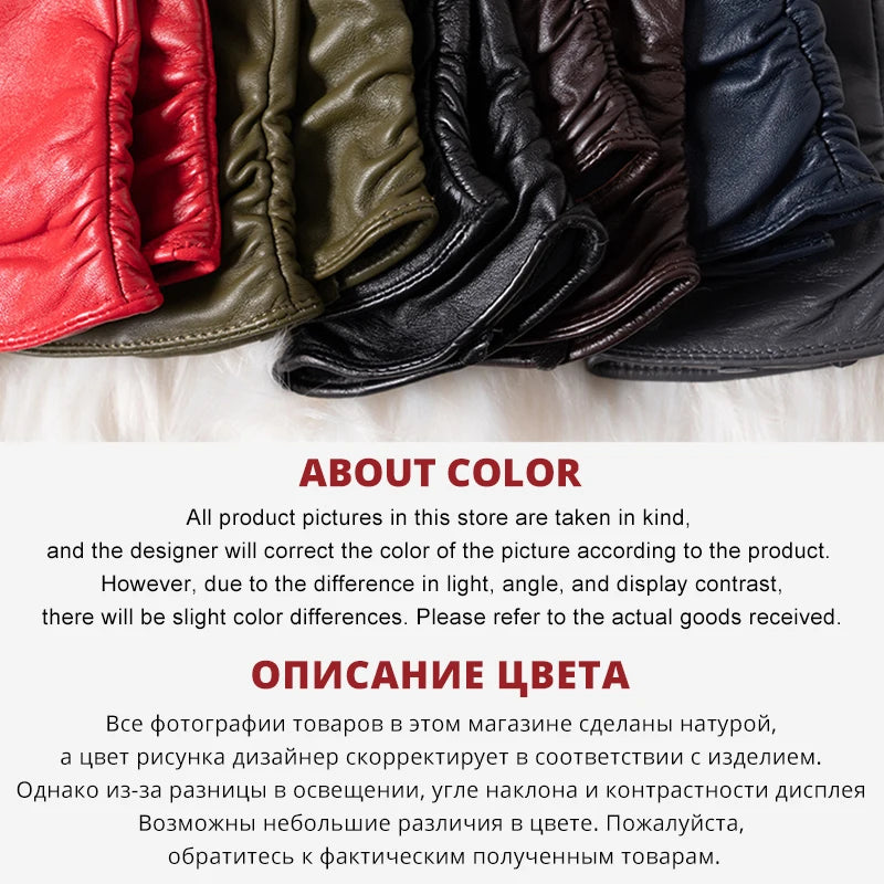 Classic Pleated Leather Gloves Women Color Real Leather Gloves Women Sheepskin Genuine Leather Winter Gloves Women-2081