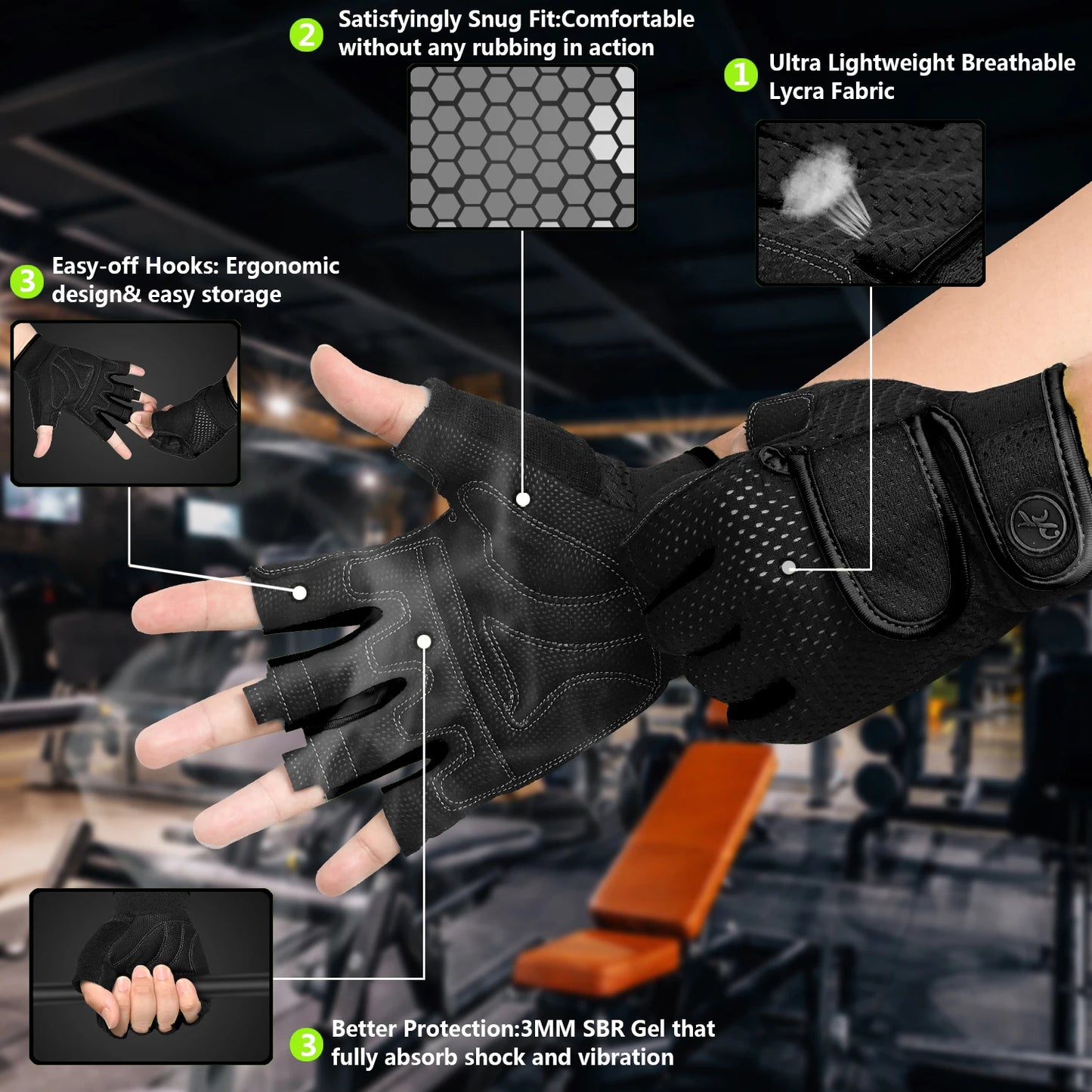 MOREOK Gym Gloves Non-Slip 3MM Pads Pull Up Power Training Weight Lifting Gloves Kettlebell Workout Exercise Fitness Gloves Men