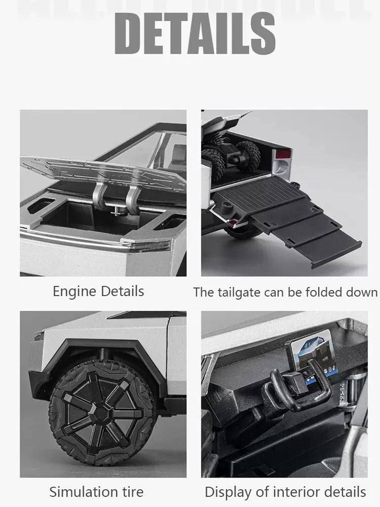 1:24 Tesla Pickup Model Alloy Car Simulation Off-Road Vehicle Sound and Light Pull Back Toy Car Boy Collection Decoration Gift