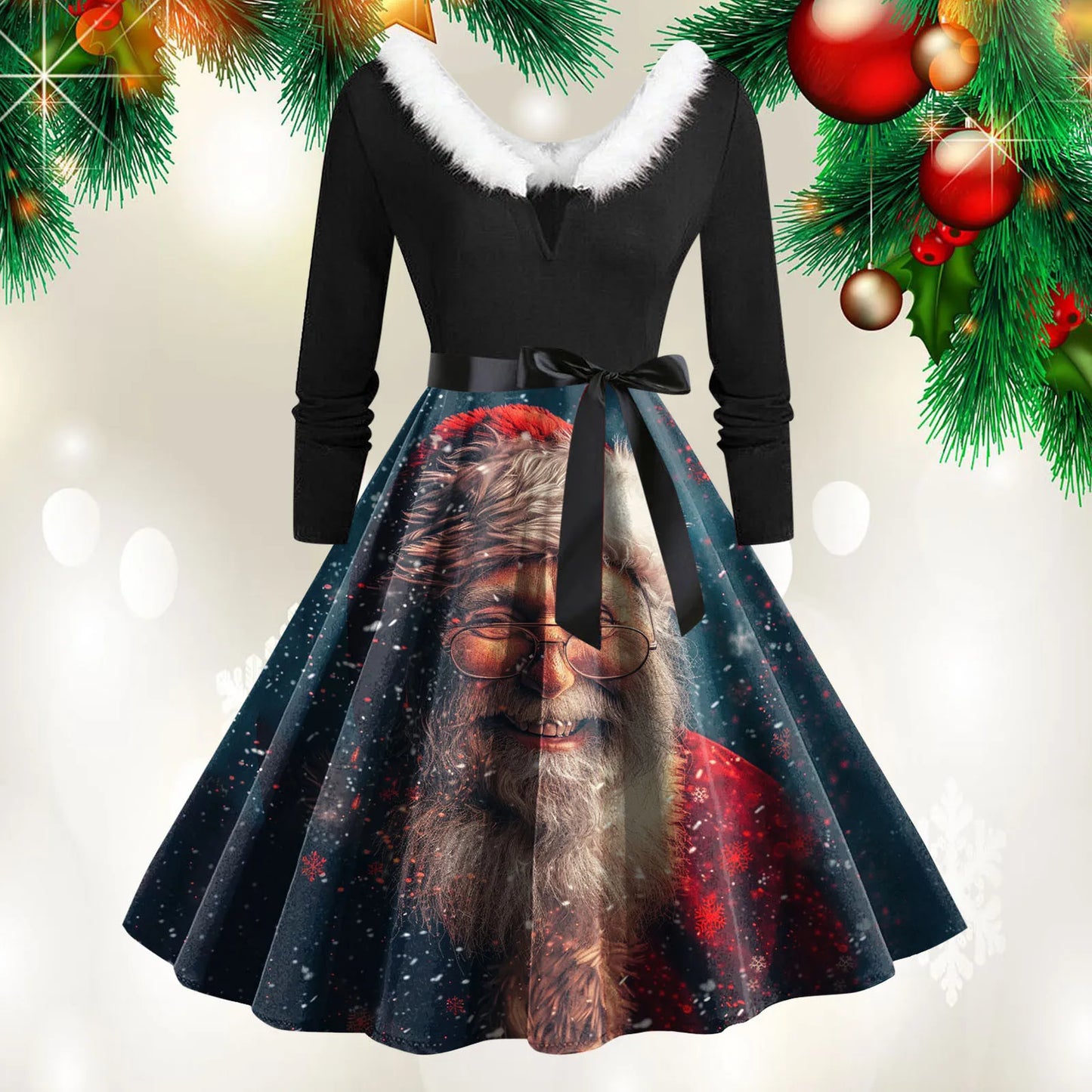 Christmas Print Vintage Dress Women Swing Robe Pinup Fur Collar Long Sleeve Party Dresses Autumn Winter A-Line Robes Vestido
