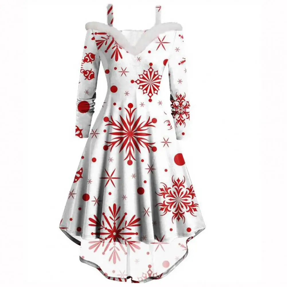 Women Dress Faux Fur Collar Sling Off Shoulder v Neck Long Sleeves Christmas Dress High Low Hem Midi Dress for Christmas