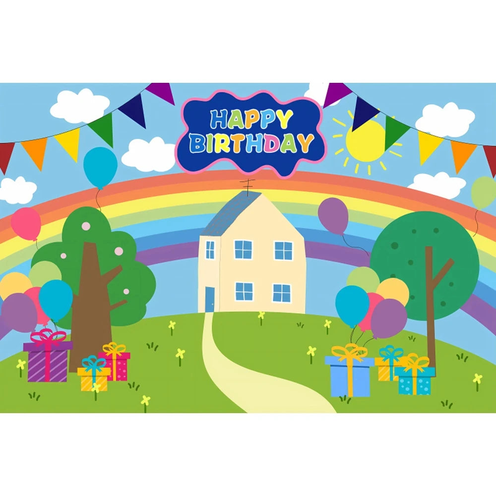 Spring Sky Cloud Tree Balloon Backdrop Children 1th Birthday Party Baby Shower Blue Banner Pig House Photography Background