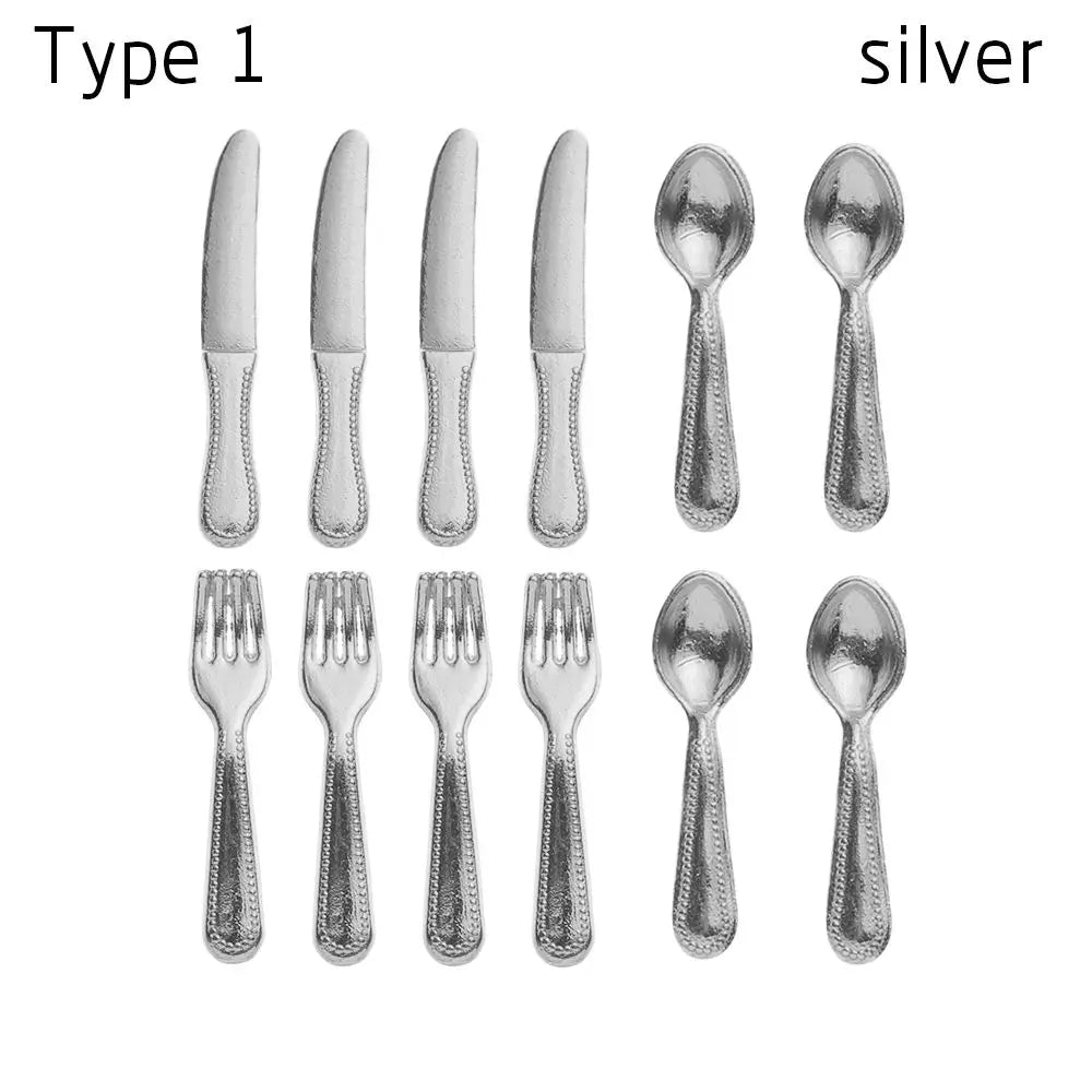 12PCS Gold Silver 1:12 Scale Simulation Toy Dollhouse Furniture Mini Cutlery Doll Accessory Fork Knife Spoon Miniature Cookware