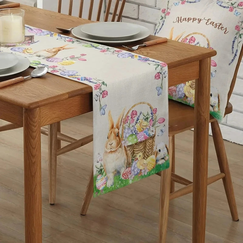 Linen Easter Table Runner Cute Bunny Dining Table Cloth 2024 Spring Holiday Happy Easter Decoration for Home Party Supplies Gift