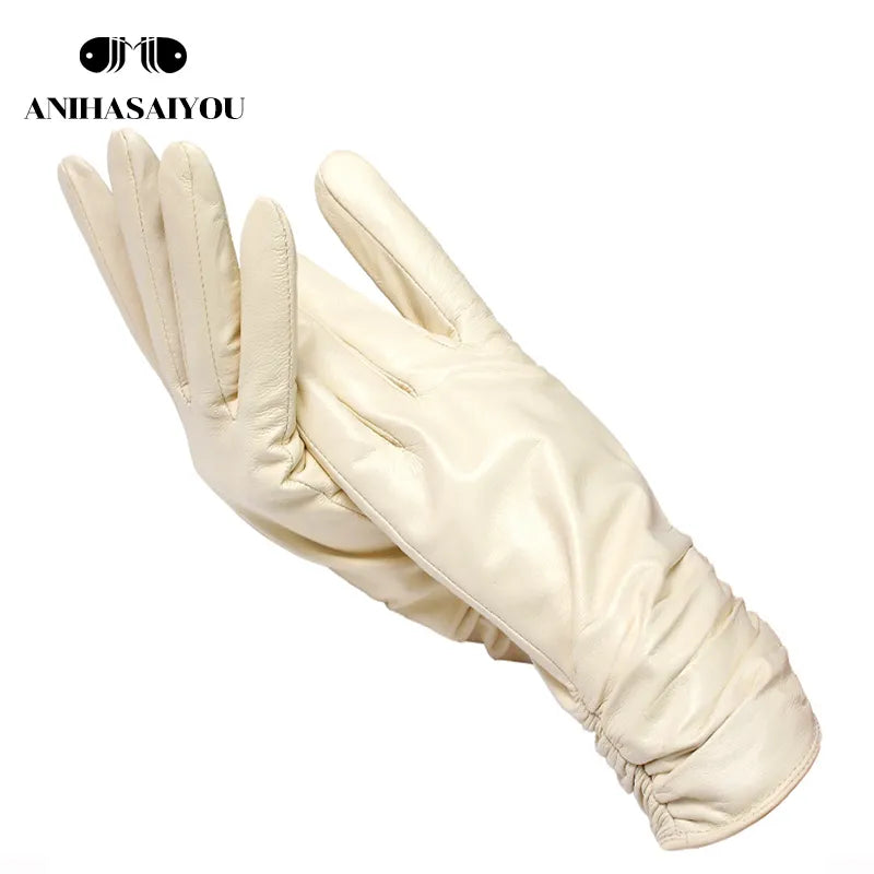 Classic Pleated Leather Gloves Women Color Real Leather Gloves Women Sheepskin Genuine Leather Winter Gloves Women-2081