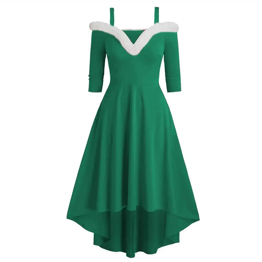 Women Dress Faux Fur Collar Sling Off Shoulder v Neck Long Sleeves Christmas Dress High Low Hem Midi Dress for Christmas
