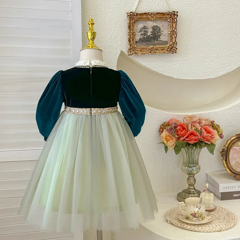 Girls' Autumn/Winter 2024 New Velvet Dress Children Halloween Cosplay Birthday Party Elegant Girl Anna Frozen Queen Green Dress
