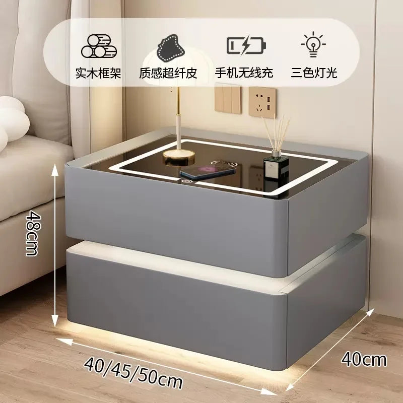 Modern Style Solid Wood Bedside Table With Wireless Charging Smart 2 Drawers Bedroom Nightstands With Lock