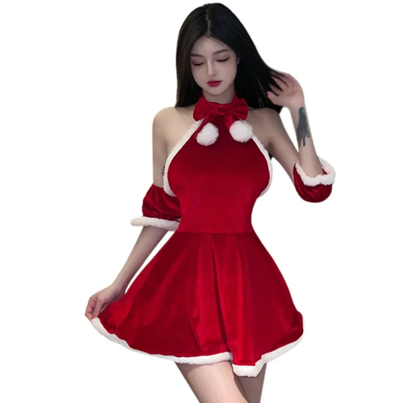 Christmas Sexy Dress Red Lace-Ups Slim Winter Sexy Slim Cute Red Dresses Patchwork Bow Christmas Sweet Dress