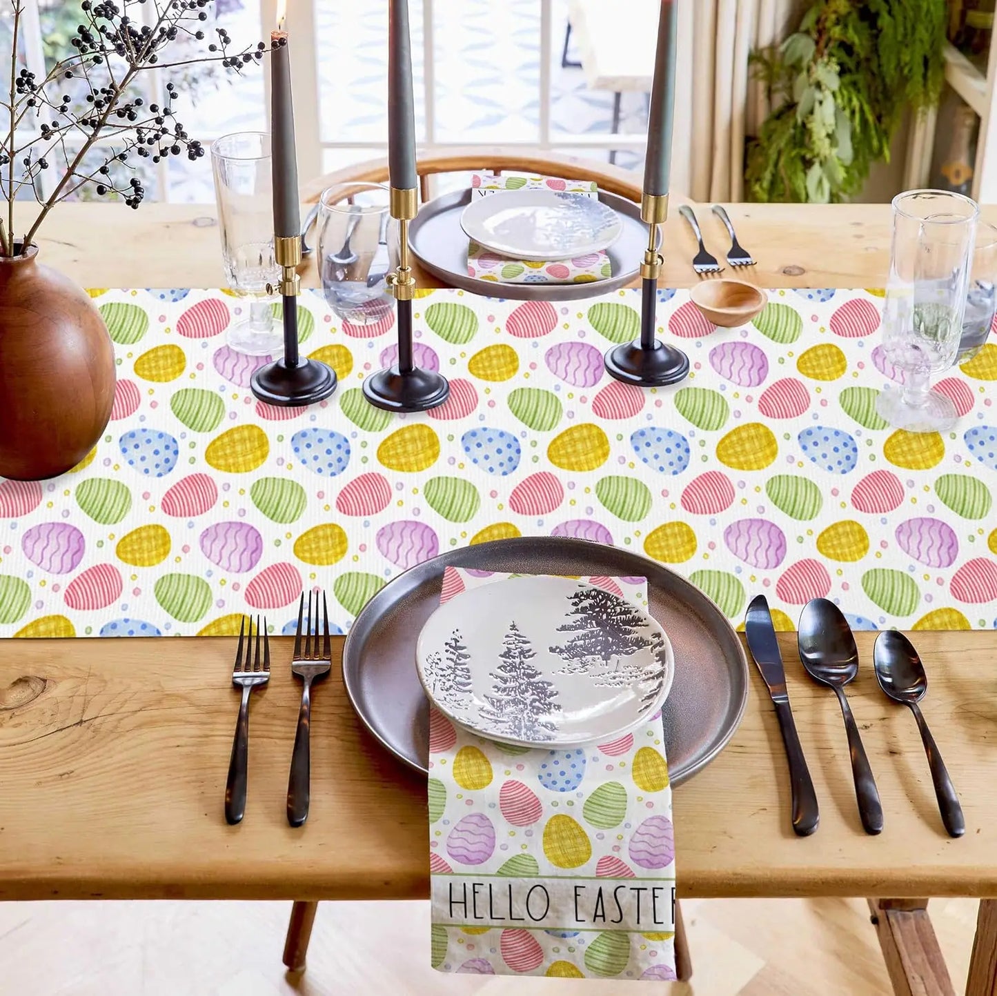 Hello Spring Easter Eggs Linen Table Runners Dresser Scarves Table Decor Farmhouse Dining Table Runners Holiday Party Decoration