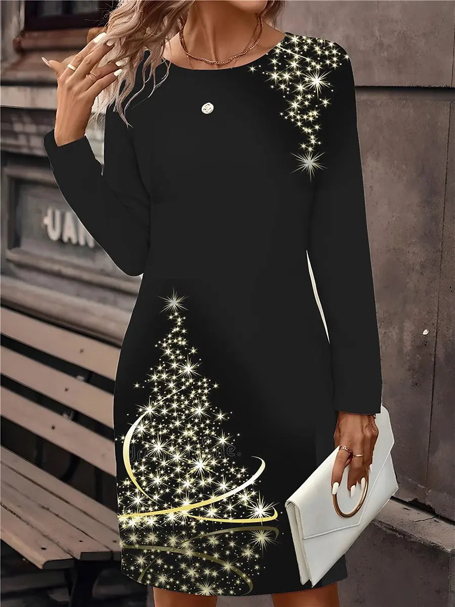 Elegant and Casual Women's Dress Black Christmas Dress Christmas Snowflake Wine Glass Print Mini Dress Long Sleeved O-Neck Dress