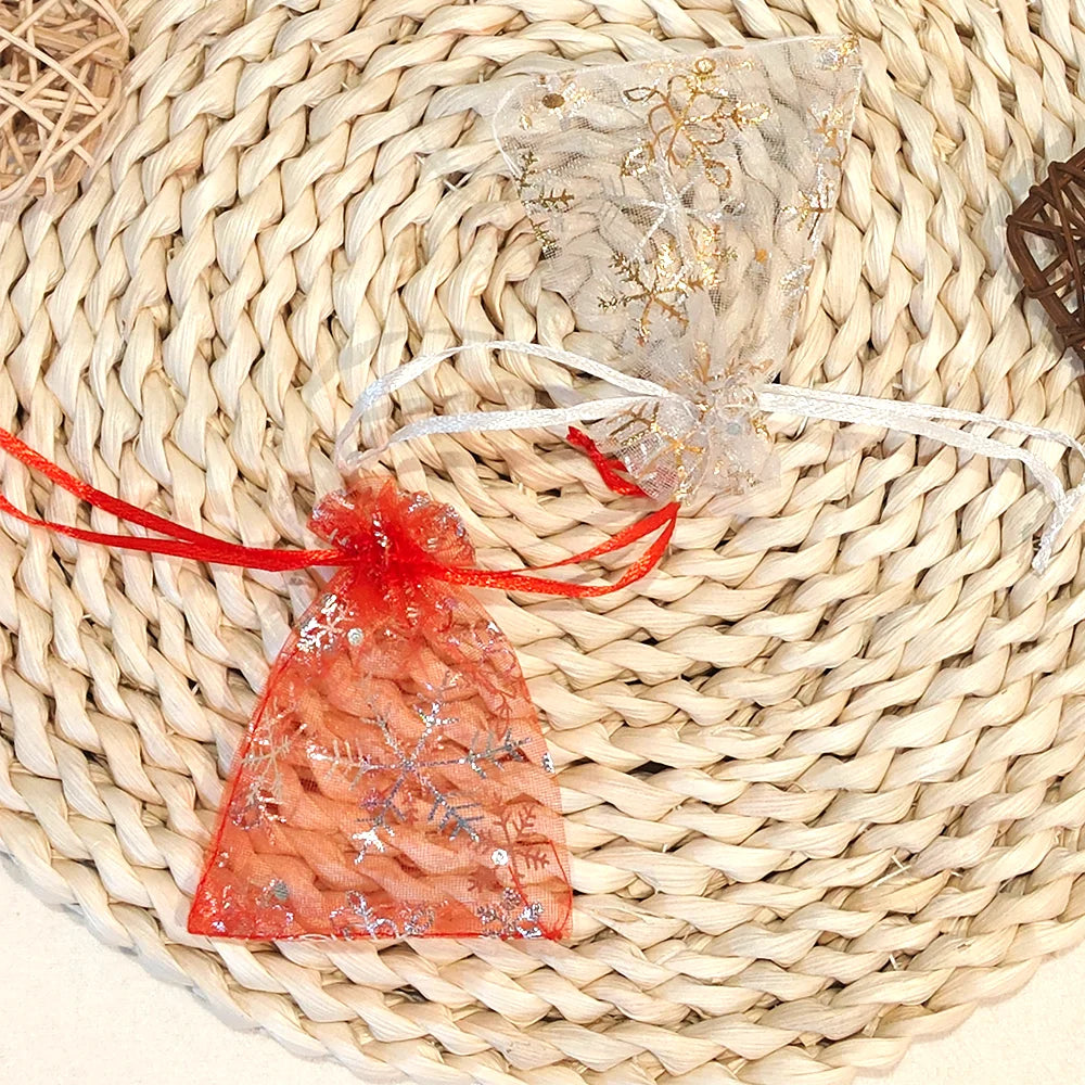 25/50/100pcs Hot Printing Organza Gift Bag for Jewelry Snowflake Drawstring Pouches for Wedding Christmas Party Candy Packing