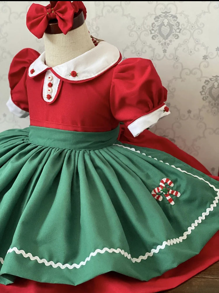0-12y Baby Girl Autumn Winter Red Velvet Lollipop Cane Candy Embroidery Vintage Spanish Princess Ball Gown Dress for Eid Causal