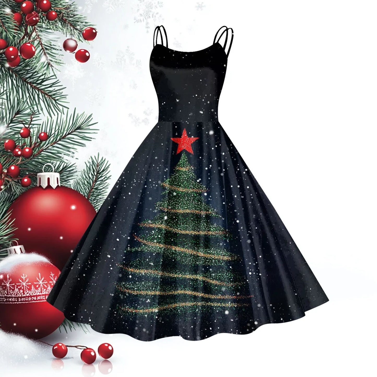 Women Christmas Casual Suspender Dresses Vintage Sleeveless Dress Xmas Party Formal Vestidos Big Hem Swing for Woman Clothing
