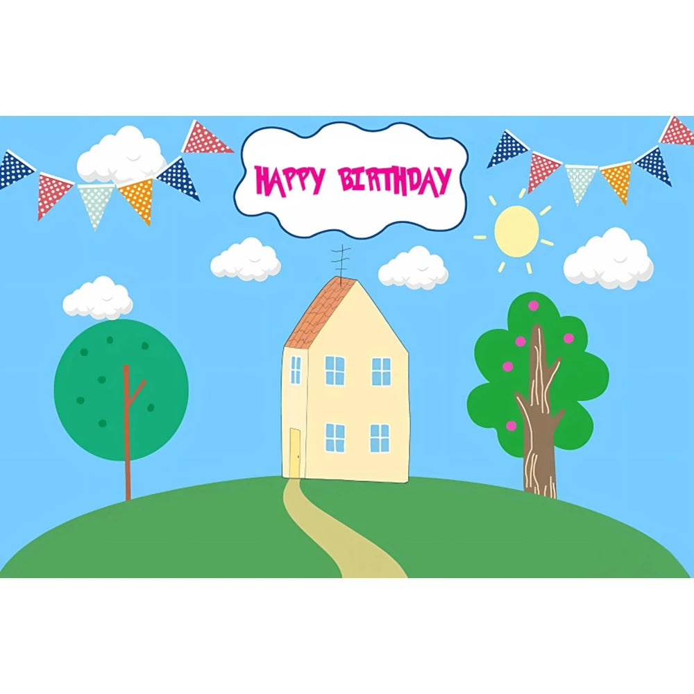 Spring Sky Cloud Tree Balloon Backdrop Children 1th Birthday Party Baby Shower Blue Banner Pig House Photography Background