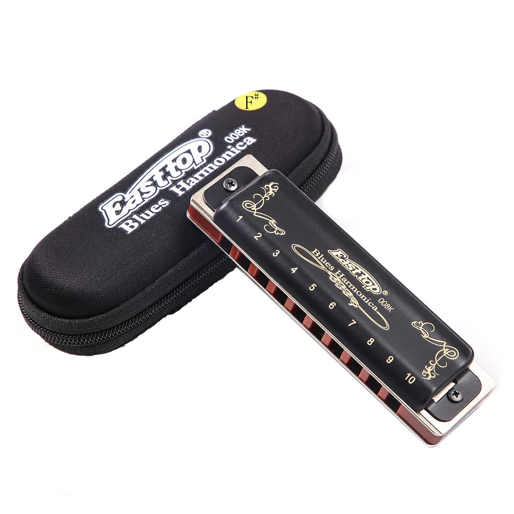 East Top Diatonic Harmonica 10 Holes Blues Harmonica Black T008K With Case Professional Harmonica for Beginner Students Adults