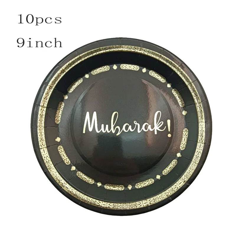 Hot Stamping Eid Mubarak Disposable Paper Plate Cup Napkin Islamic Muslim Eid Al Adha Home Party Decor Ramadan Kareem Supplies