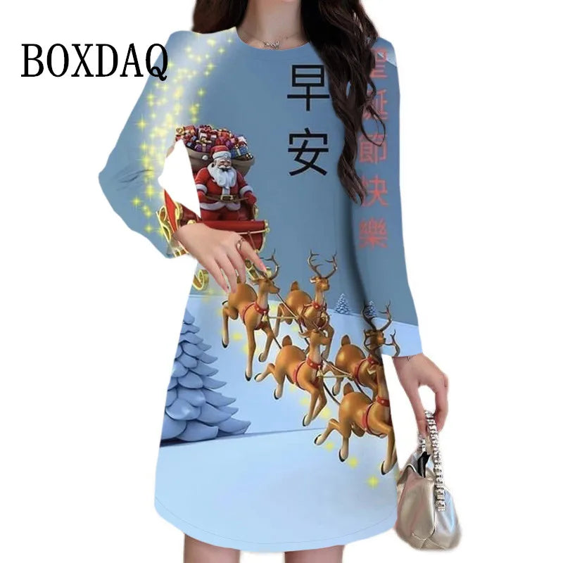 Cartoon Cute Print Women Dress Long Sleeve Santa Claus Pattern Christmas Dress Autumn Winter Casual Party Mini Dresses Plus Size