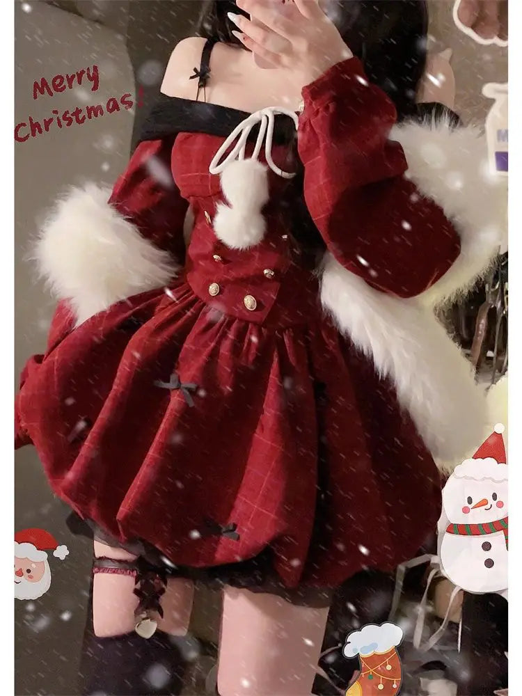 2025 Christmas Red Sweet Y2k Patchwork Women's Party Dress Slash Neck Long Sleeve Autumn Winter Ball Gown Dresses for Holiday