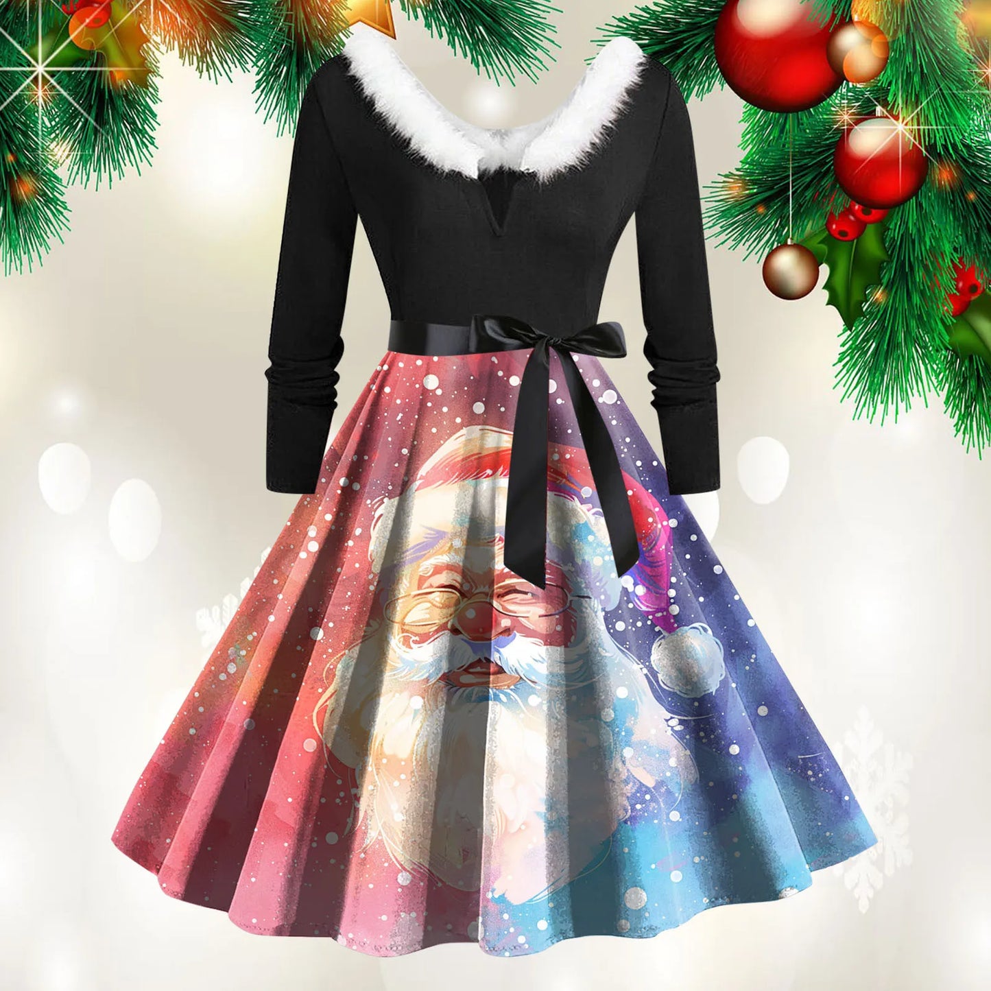Christmas Print Vintage Dress Women Swing Robe Pinup Fur Collar Long Sleeve Party Dresses Autumn Winter A-Line Robes Vestido
