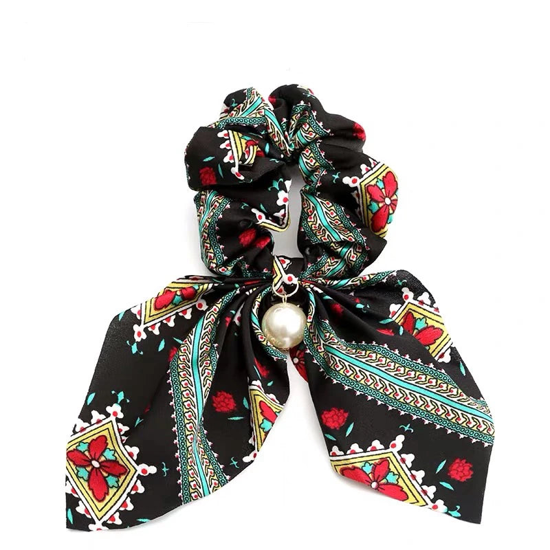 Fashion Bowknot Ponytail Holder Elastic Hair Bands for Girls Flower Printing Hair Accessories Women Hairband Ribbon Headwear