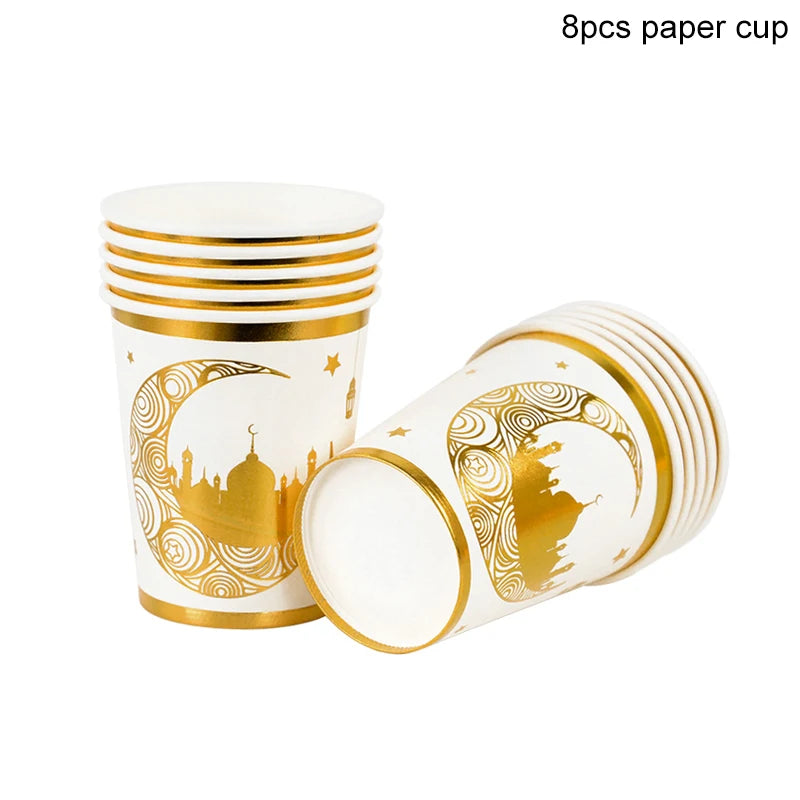Eid Mubarak Disposable Tableware Gold Plate Cup Banner Gift Bags Islamic Muslim Party Supplies 2024 Ramadan Kareem Decorations